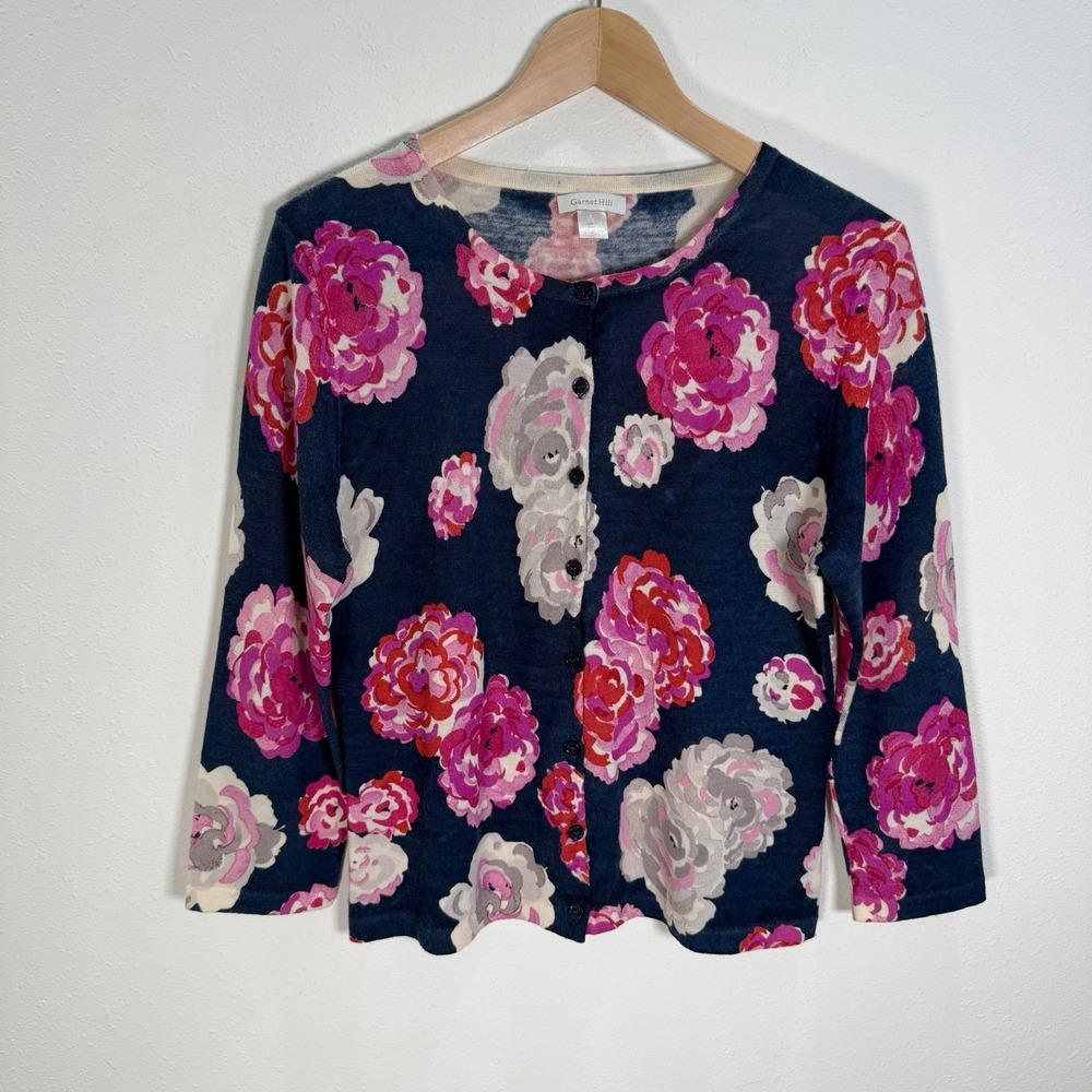 Garnet Hill Sweater Women's Sz L Cardigan Classic Navy Floral 100% Merino Wool